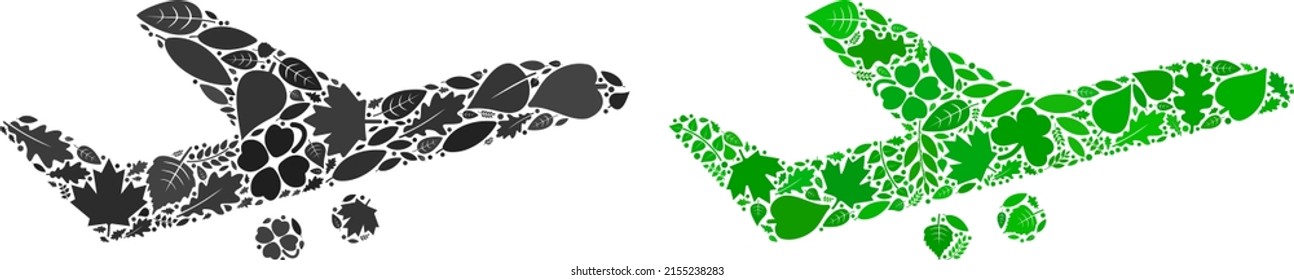 Ecology aiplane icon collage of plant leaves in green and natural color hues. Ecological environment vector concept for aiplane icon. Aiplane vector image is formed of green herbal elements.