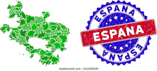 Ecology Alava Province map collage of floral leaves in green color tints with grunge bicolor Espana seal. Red and blue bicolored seal with corroded texture and Espana caption.