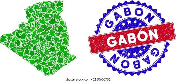 Ecology Algeria map collage of plant leaves in green color shades and grunge bicolor Gabon seal stamp. Red and blue bicolored stamp with corroded surface and Gabon text.