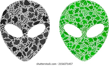Ecology alien face icon composition of floral leaves in green and natural color tinges. Ecological environment vector template for alien face icon.