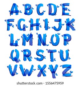 Ecology alphabet with blue water drops handwritten with a felt-tip pen. Vector marker font can be used for eco friendly, vegan, bio, raw, organic template.