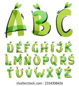 Ecology alphabet with green leaves handwritten with a felt-tip pen. Vector green marker font can be used for eco, vegan, bio, raw, organic template.