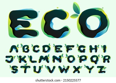 Ecology alphabet with green leaves in hologram glitch style. Environment friendly illustration with color shift and illusion. Vector element for waste recycling identity, natural theme branding.