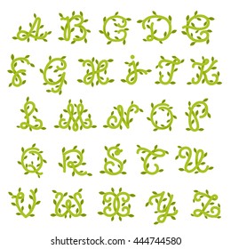 Ecology alphabet with green leaves. Green vector design for banner, presentation, web page, app icon, card, labels or posters.