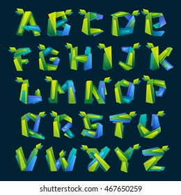 Ecology alphabet in low poly style with green leaves. Multicolored vector design for presentation, web page, app icon, card, labels or posters.