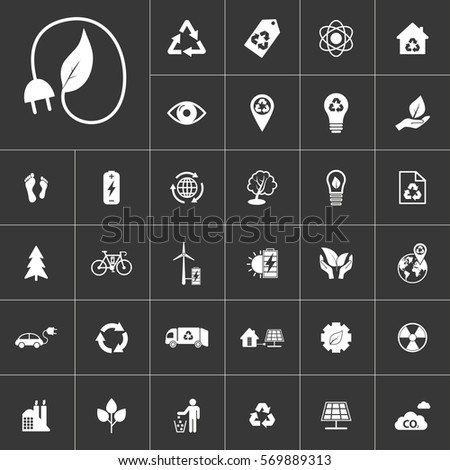 ecology and alternative energy icon set at gray background. Natural renewable energy technologies as solar, wind, water, geothermal heat, bio fuel.