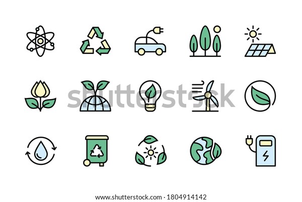 Ecology and alternative energy sources in\
minimal style. Color symbols of ecology. Simple set of vector\
linear icons.  Energy icon collection. Isolated contour\
illustrations for\
websites.