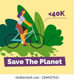 Alternativa ecológica para ayudar a reducir las emisiones y los gases en el planeta, salvar la tierra montando en bicicleta. Transporte amigable y formas de ir a trabajar, chica en bicicleta. Vector en ilustración de estilo plano