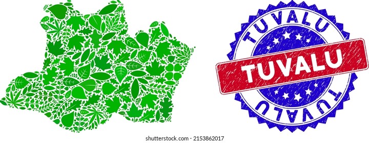 Ecology Amazonas State map collage of floral leaves in green color shades and grunge bicolor Tuvalu seal stamp. Red and blue bicolored stamp with corroded surface and Tuvalu text.