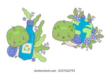 Ecology and animals. Cute cartoon turtle character with green planet Earth with flowers and bottle for recycling. Concept ecological lifestyle, conservation and protection nature. Vector illustration