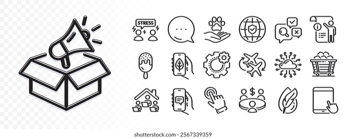 Ecology app, Inspect and Cursor line icons for web app. Glare of light effect. Message icon. Pack of Difficult stress, Chat app, Work home pictogram icons. Vector