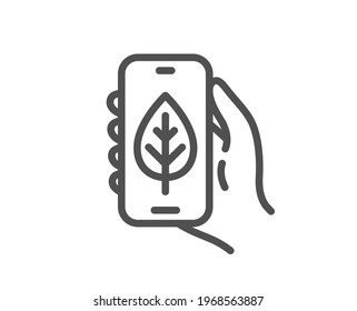 Ecology app line icon. Hand hold phone sign. Cellphone with screen notification symbol. Quality design element. Linear style ecology app icon. Editable stroke. Vector
