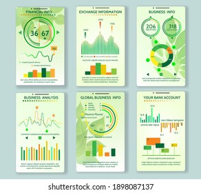 Ecology app mobile dashboard. Eco mobile infographics interface, green business apps backdrops, smartphone eco-friendly ui vector kit, natural design graphics templates