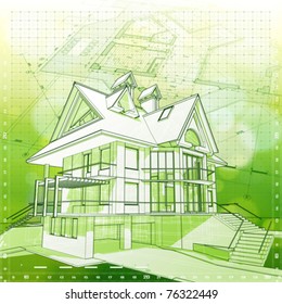 Ecology architecture design: house, plans & green bokeh background - vector illustration. Eps 10