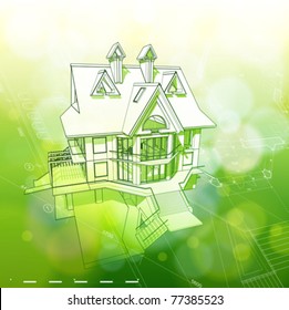 Ecology architecture design: house, plans & green bokeh background - vector illustration. Eps 10