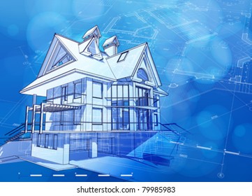 Ecology architecture design: house, plans & blue bokeh background - vector illustration. Eps 10