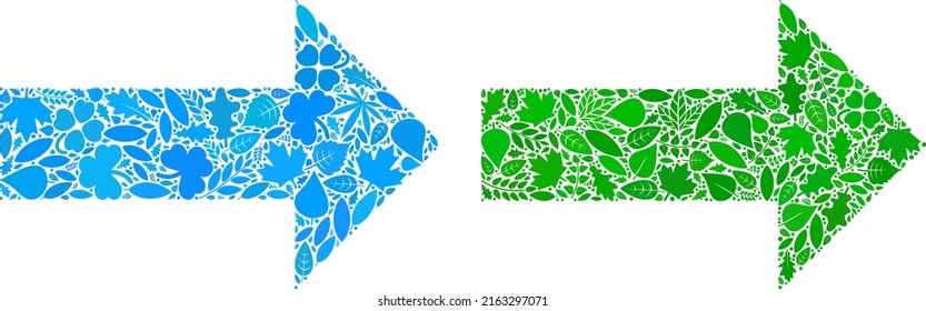 Ecología flechas mosaico de iconos de hojas florales en variaciones de color verde y natural. Concepto de vector de entorno ecológico para icono de flecha. La imagen vectorial de flecha está formada por elementos florales verdes.