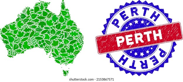 Ecología Australia cartografía la composición de las hojas de hierbas en tonos verdes de color y estampado de sello Perth bicolor. Sello bicolor rojo y azul con estilo rayado y pie de foto de Perth.