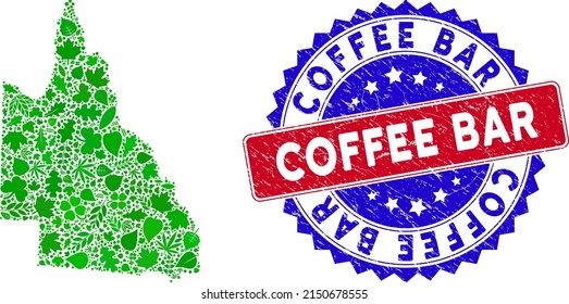 Ecology Australian Queensland map collage of herbal leaves in green color hues and grunge bicolor Coffee Bar seal stamp. Red and blue bicolored watermark with grunge texture and Coffee Bar phrase.