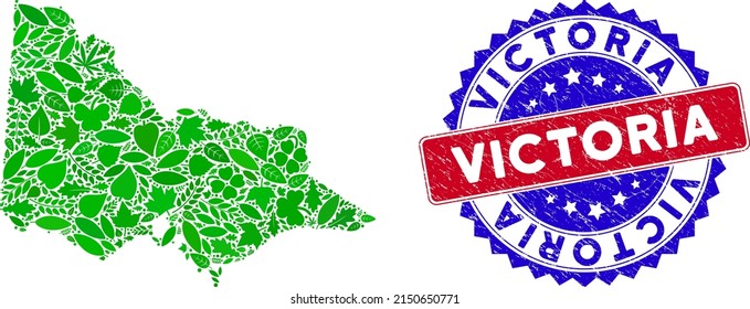 Ecology Australian Victoria map collage of herbal leaves in green color shades with grunge bicolor Victoria seal stamp. Red and blue bicolored stamp with grunge surface and Victoria text.