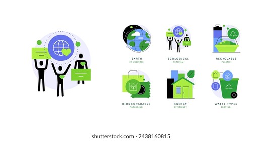 Ecology awareness. Ecological lifestyle and environment. Set of six flat icons. Vector file.