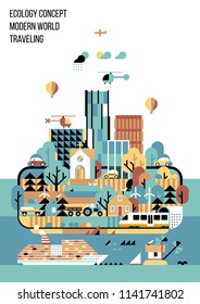 Ecology Background. Abstract image of the modern world - Modern city and agriculture. Transportation by land, water and air.