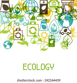 Ecology background with environment, green energy and pollution icons.