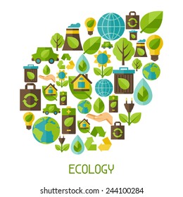 Ecology background with environment, green energy and pollution icons.