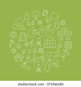 Ecology background made of icons representing the environment, renewable energies, nature conservation. Infographic modern thin lines vector design.