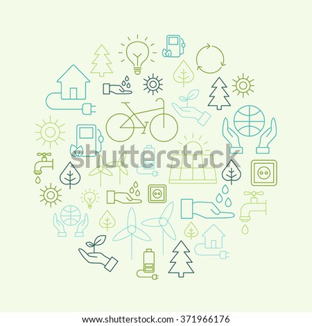 Ecology background made of icons representing the environment, renewable energies, nature conservation. Infographic modern thin lines vector design.
