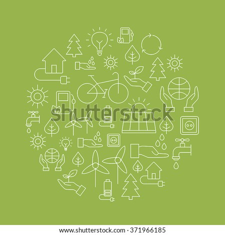 Ecology background made of icons representing the environment, renewable energies, nature conservation. Infographic modern thin lines vector design.