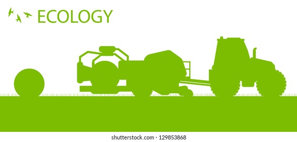 Ecology background organic farming vector concept with tractor making hay bales