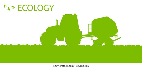 Ecology background organic farming vector concept with tractor and seeder planting crops on a field