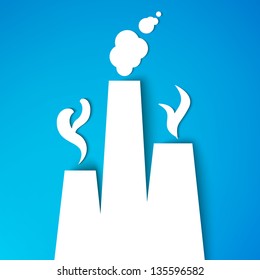 Ecology background with paper industrial objects, smoke and fire. On blue background