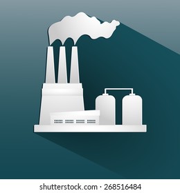 Ecology background with paper industrial objects, smoke and fire. On blue background. Vector illustration