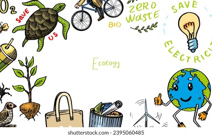 Ökologischer Hintergrund. Zero Abfall Banner oder Poster. Handgezeichneter Öko-Transport, Bio. Abfallsortierung und -recycling. Windmühlen und Natur. Holzschnitt-Doodles-Set. Gravierte Skizze.