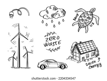 Ecology background. Zero waste. Hand drawn eco transport, bio. Waste sorting and recycling. Windmills and nature. Woodcut Doodles set. Engraved sketch.