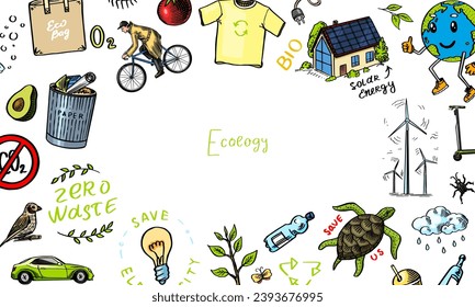 Ecology background. Zero waste. Hand drawn eco transport, bio. Waste sorting and recycling. Windmills and nature. Woodcut Doodles set. Engraved sketch.