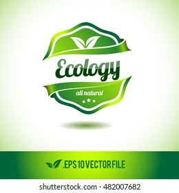 Ecology badge label seal stamp logo text design green leaf template vector eps