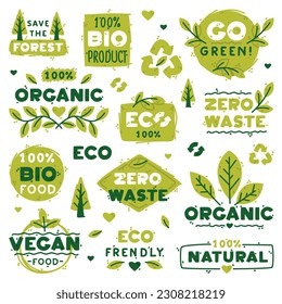 Ecology Badges and Green Eco Labels for Bio and Organic Product Vector Set