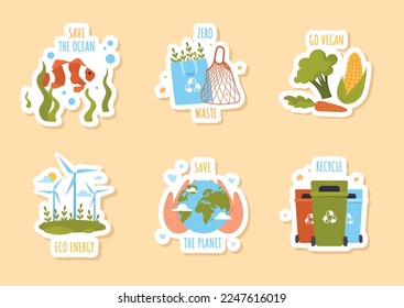 Juego de insignias ecológicas. Colección de elementos gráficos para el sitio web. Atención a la naturaleza y al medio ambiente, cero residuos. Reutilizar y reciclar. Ilustraciones del vector plano de dibujos animados aisladas en fondo beige