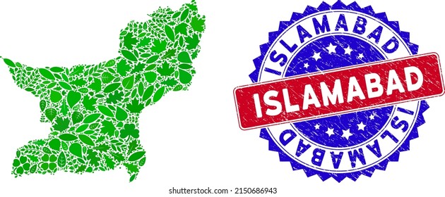 Ecology Balochistan Province map mosaic of herbal leaves in green color variations and grunge bicolor Islamabad seal stamp. Red and blue bicolored stamp with distress texture and Islamabad slogan.
