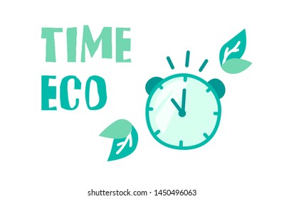 Ecology banner with clock, green leaves and text Time eco. Vector poster in flat linear style.