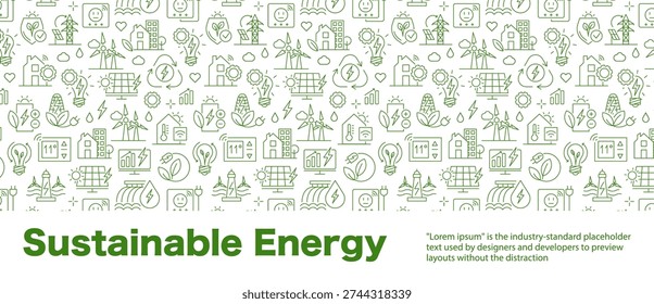 Ecology Banner, Linear Seamless Pattern with Sustainable Energy Icons, Renewable Technology Background, Vector Illustration for Environmental Branding