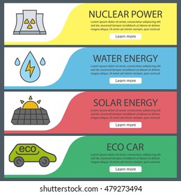 Ecology banner templates set. Easy to edit. Nuclear power plant, water energy, solar panel, eco car. Website menu items. Color web banner. Vector headers design concepts