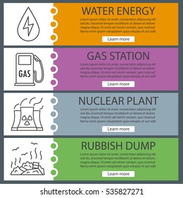 Ecology banner templates set. Water energy, gas station, nuclear power plant, rubbish dump. Website menu items with linear icons. Color web banner. Vector headers design concepts