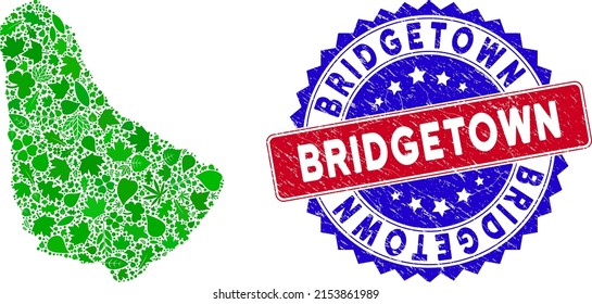 Ecology Barbados map composition of floral leaves in green color hues with grunge bicolor Bridgetown seal. Red and blue bicolored seal with distress surface and Bridgetown phrase.
