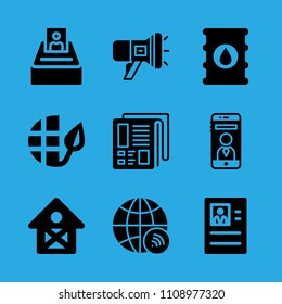 ecology, barrel, barn, newspaper, worldwide, resume, selection, smartphone and megaphone vector icon. Simple icons set