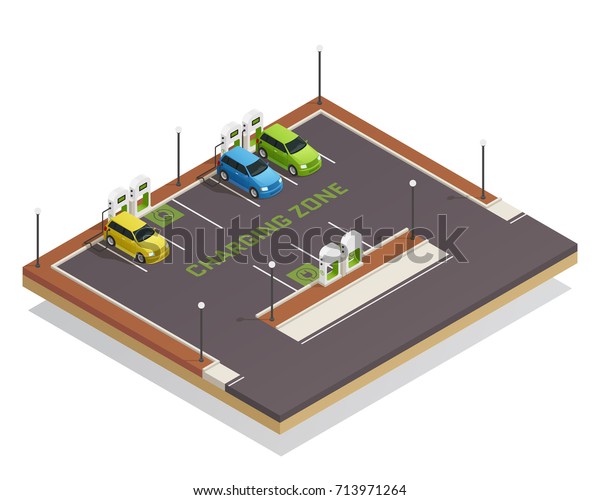 Ecology based economy green energy clean\
transportation isometric composition poster with electric vehicles\
charging station vector\
illustration