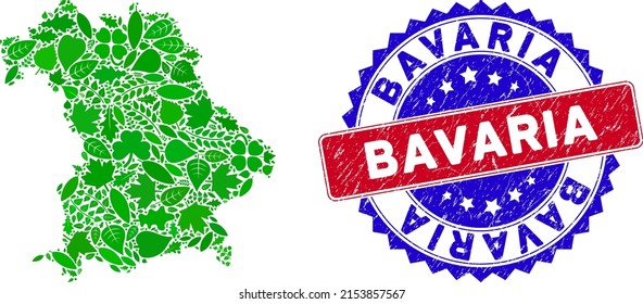 Ecology Bavaria Land map composition of herbal leaves in green color hues and grunge bicolor Bavaria seal. Red and blue bicolored seal with grunge style and Bavaria text.